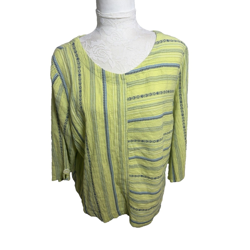 Habitat Clothing Lime Green Cotton Tunic Top~L~3/4 Sleeve Button Back Lagenlook‎